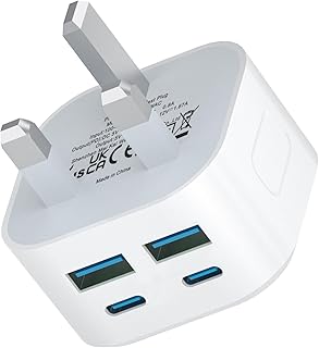 USB C Plug Fast Charger, i Phone Plug Dual Micro USB Ports and 2 USBC Ports 3 PIN Type C Charging Plug UK for iPhone Apple 17/17 Air/17 Pro…