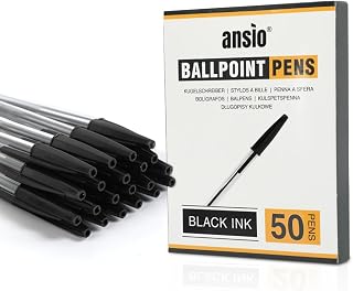 ANSIO Black Biro Ballpoint Pens, Medium 1.0mm, Pack of 50