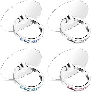 Bewudy 4 Pcs Diamond Phone Ring Holder Grip, Transparent Cell Phone Finger Ring Grip Kickstand, 360° Degree Rotation Finger Ring Stand, Compatible with…