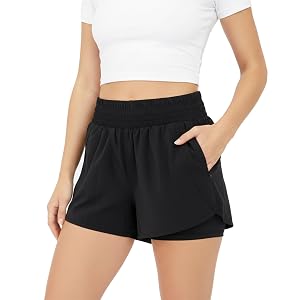 WUDEUI Girls' Two-in-One Running and Gym Shorts with Zipped Pockets