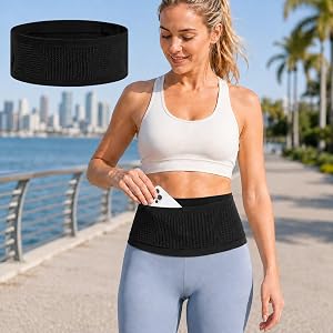Slim Multi-Pocket Running Belt and Phone Holder, Black