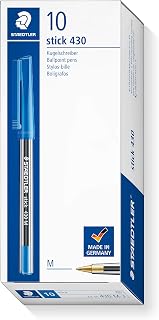 STAEDTLER Stick 430 Ballpoint Pens, Medium, Blue Ink, Box of 10
