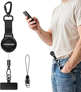 MoKo Anti-Theft Phone Lanyard with Retractable Steel Line | Lockable anti-drop phone strap with 360° tether tab for outdoor activities, Black